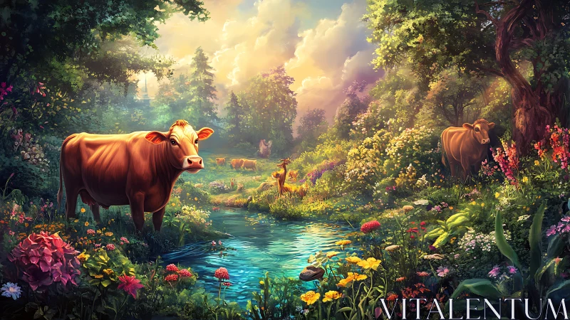 Tranquil Cows in a Lush Flower Meadow by a Stream, Fantasy Art.