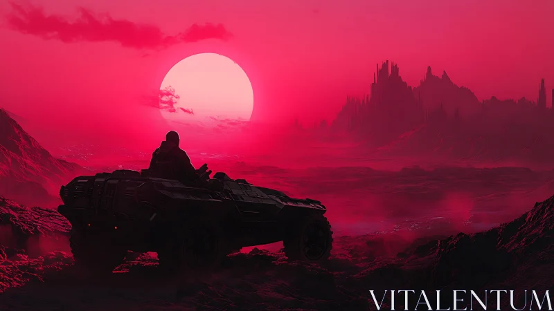 Crimson rover sentinel under an oversized alien sunset.