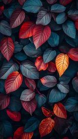 Colorful foliage pattern with red, blue and orange leaves.