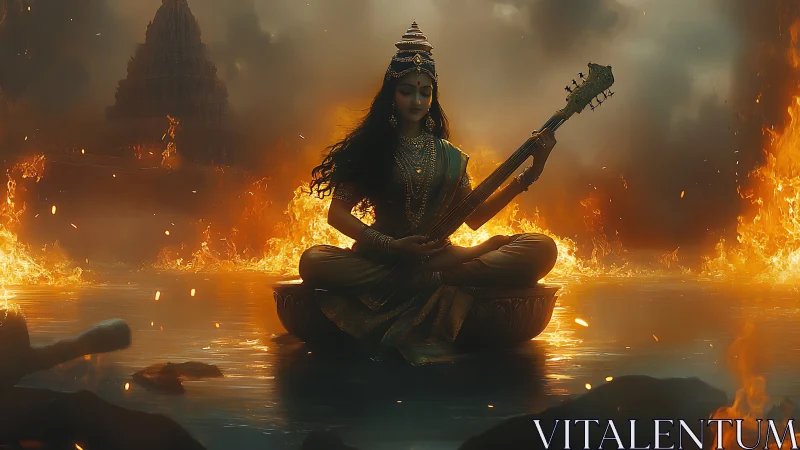 Seated goddess figure with veena amid water and flames.