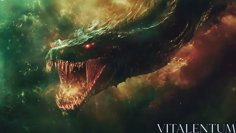 Star-devouring dragon erupts from cosmic stormfire veil.