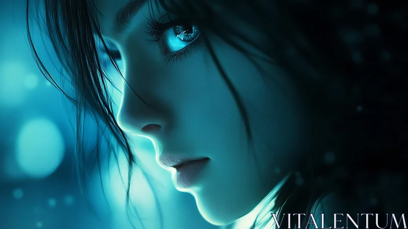 Side profile of digital female face in cool blue lighting