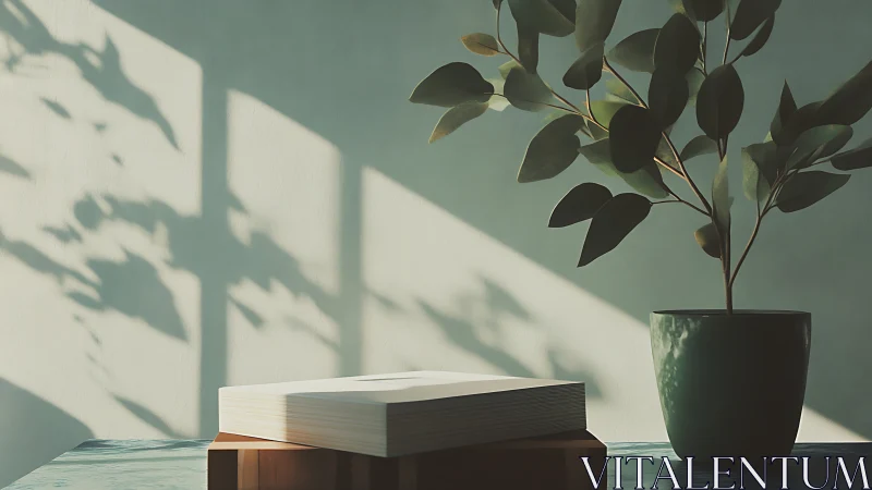 Soft morning light falls on a potted plant and stacked books