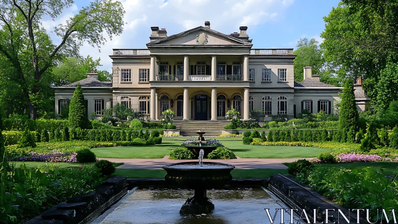 Neoclassical mansion facade with axial formal gardens and fountain