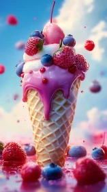 Ice cream cone with berries rendered in vertical composition