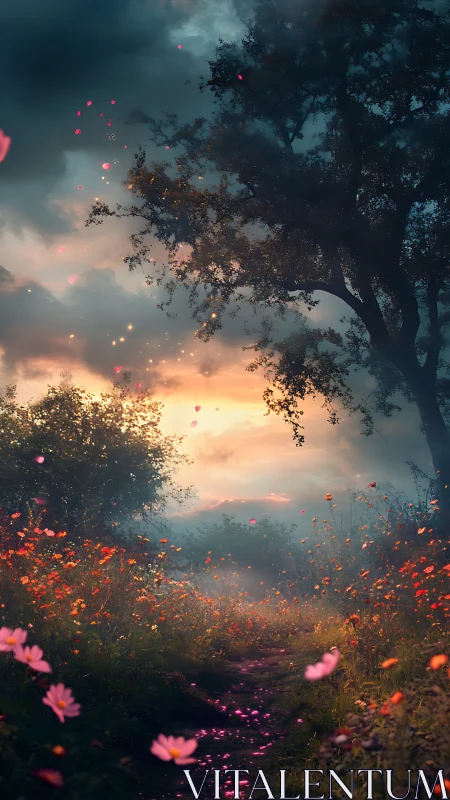 Twilight bloom corridor with drifting petals and volumetric haze.