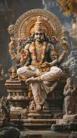 Hyper-detailed Hindu deity sculpture rendered with ornate stone mandala halo