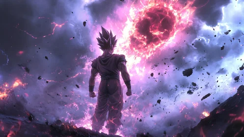 Cosmic warrior defies a blazing voidstorm in shattered sky.