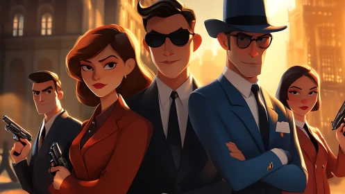 Stylized spy team stands armed in sunlit city street