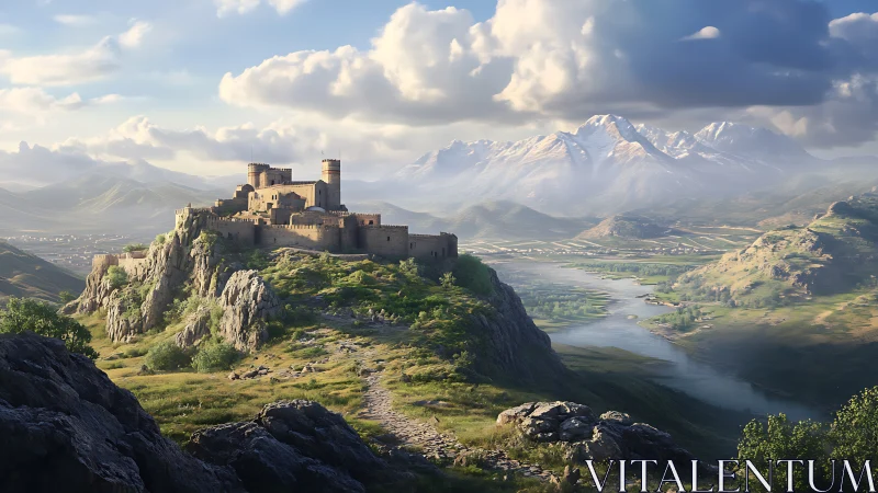 Sunlit hilltop fortress keeps quiet watch over misty valley