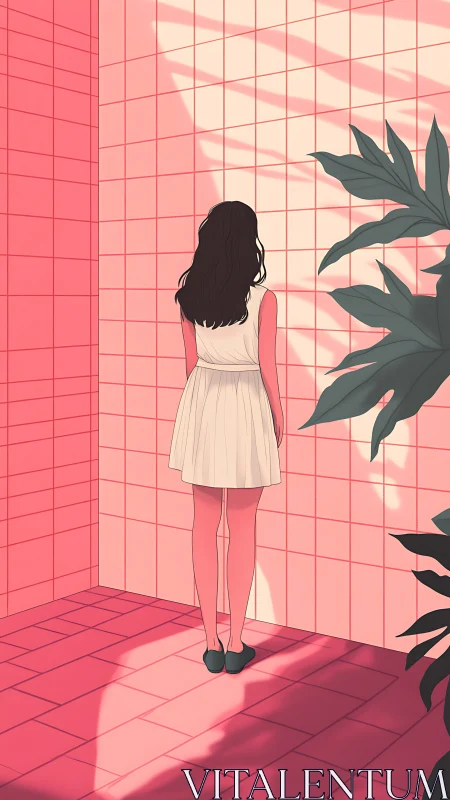 Girl in white dress within sunlit pink tiled corner.