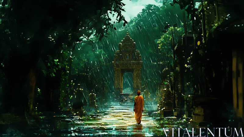 Monk walks through rainlit jungle temple gateway path.