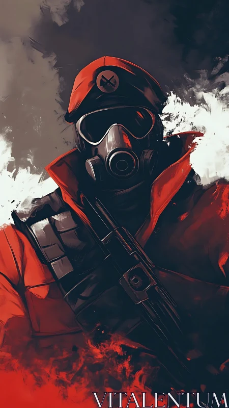Masked red soldier stands in swirling smoke and shadowed fire