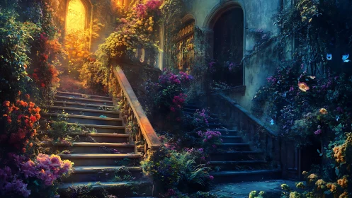 Enchanted garden staircase glows under golden evening light.