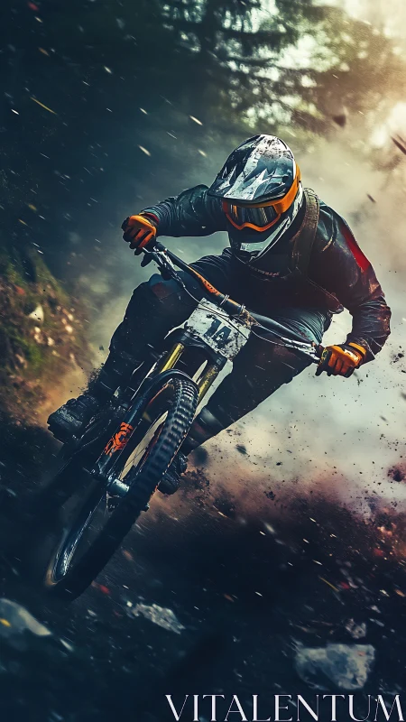 Mountain biker descends wet forest trail in dynamic close-up