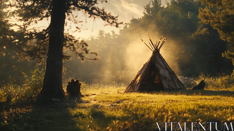 Sunlit tipi camp in misty forest clearing at dawn.