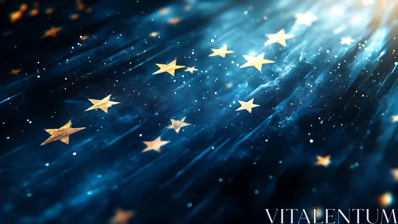 Gold stars scattered across blue abstract light field.