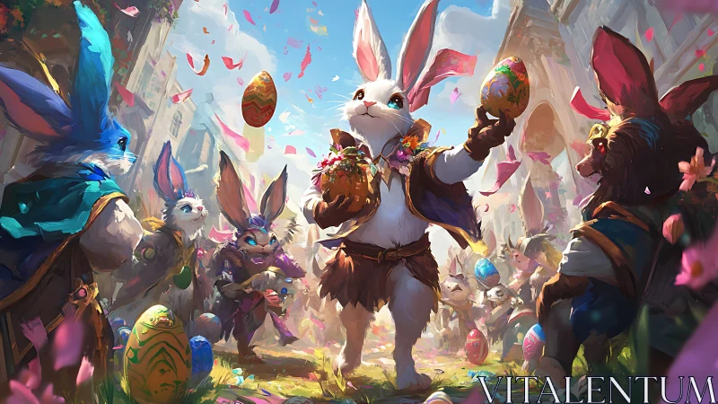 Festival rabbits juggle painted eggs in sunlit cobblestone plaza.