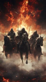 Armored dark riders charging through infernal firestorm.