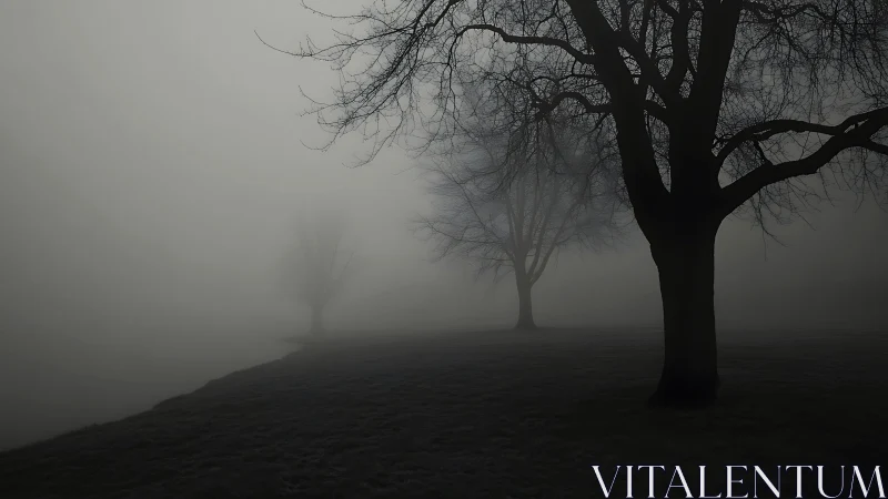 Leafless trees fade into a cold, haunting morning fog