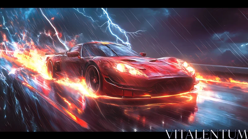 Red sports car races through storm on fiery wet highway