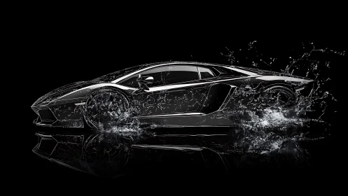 Rendered sports car silhouette intersects dynamic water splash