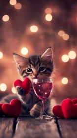 Tabby Kitten with Red Heart and Wine Glass Bokeh Portrait