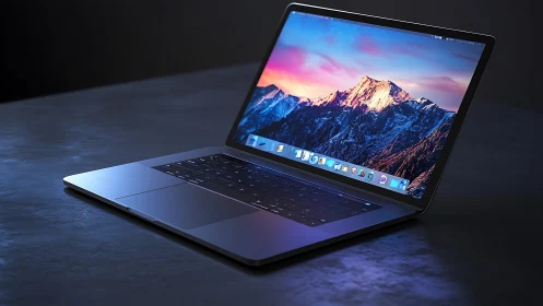 Sleek aluminum laptop displays vivid mountain landscape wallpaper.