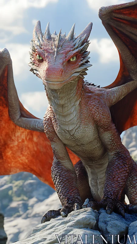 Young red dragon perches proudly on a sunny mountain ledge