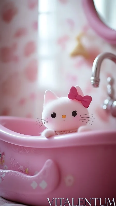 Sweet pink kitten toy peeks from a tiny bathtub in soft light