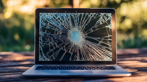 Shattered laptop screen explodes into a digital spiderweb