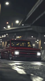 Low-slung red pickup under urban overpass, night photorealism.