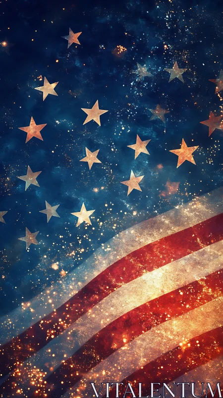 Textured American flag overlay with luminous particle field dynamics
