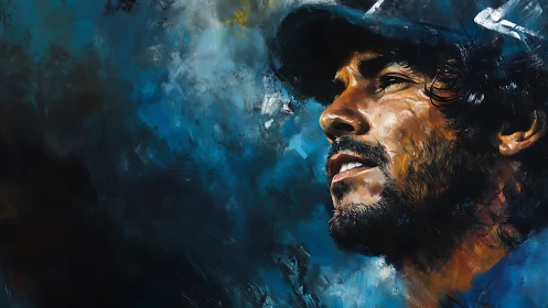 Bearded man in cap painted against abstract blue field.