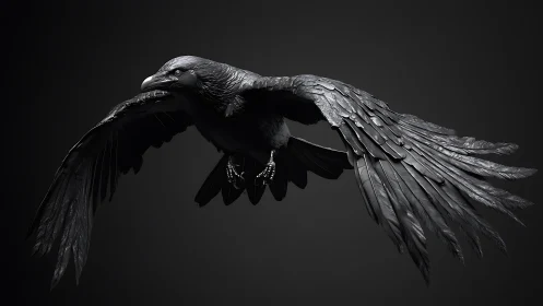 Majestic black raven in flight, dramatic lighting, dark background.