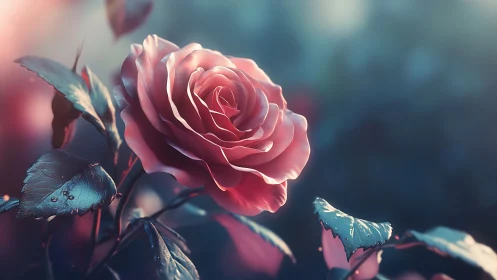 Pink Rose with Blue Foliage in Selective Focus Composition