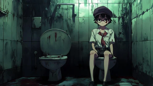 Nervous schoolboy in a bloodstained, flickering bathroom.