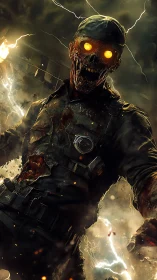 Undead soldier figure stands amid lightning and smoke