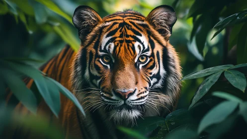Photorealistic tiger portrait framed by dense jungle foliage