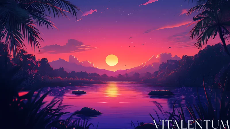 Neon tropical river sunset glows under vivid violet sky