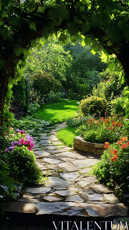 Stone garden path under leafy arch in landscaped yard.