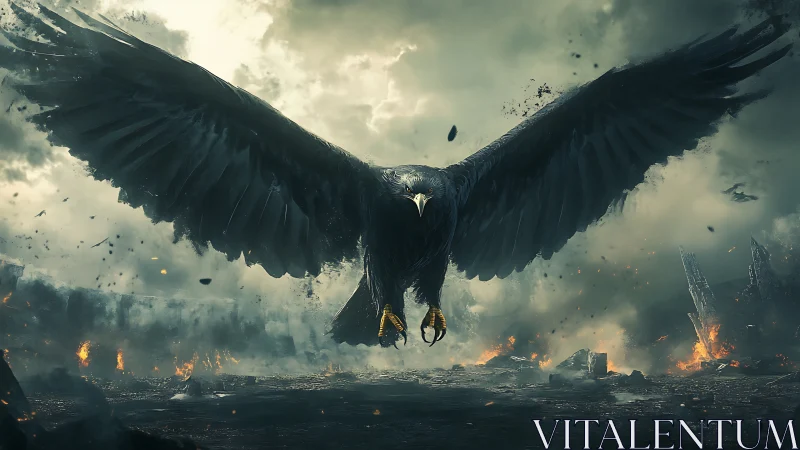 Cinematic digital painting of a colossal raven over ruins.