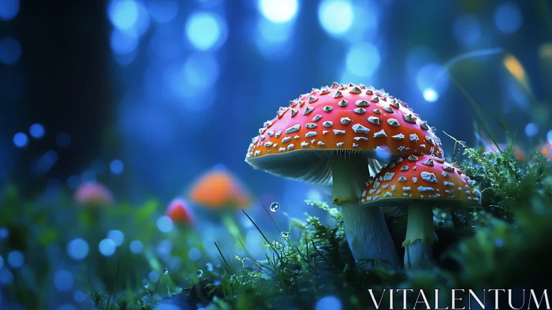 Moonlit toadstool guardians glowing in a dreamlit forest.