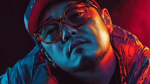 Neon rim-lit portrait isolates urban subject in cyberpunk glow