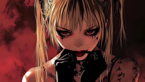 Gothic anime girl with blood-red gaze and dark allure.
