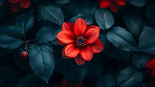 Red flower centered against dark teal foliage background.