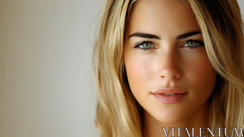 Portrait shows close frontal view of young woman in soft focus