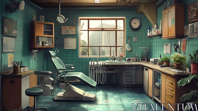 Sunlit vintage dental room with plants and quiet charm.