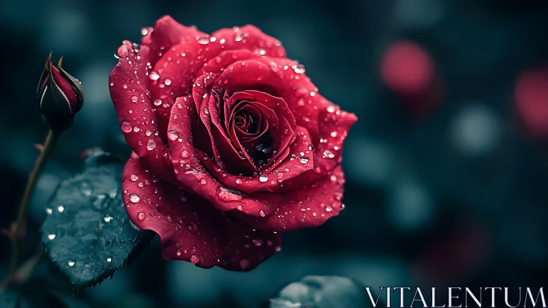 Crimson Rose with Dewdrops in Teal Light.
