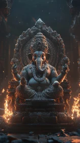 Ganesha stone statue in fiery temple chamber at night.